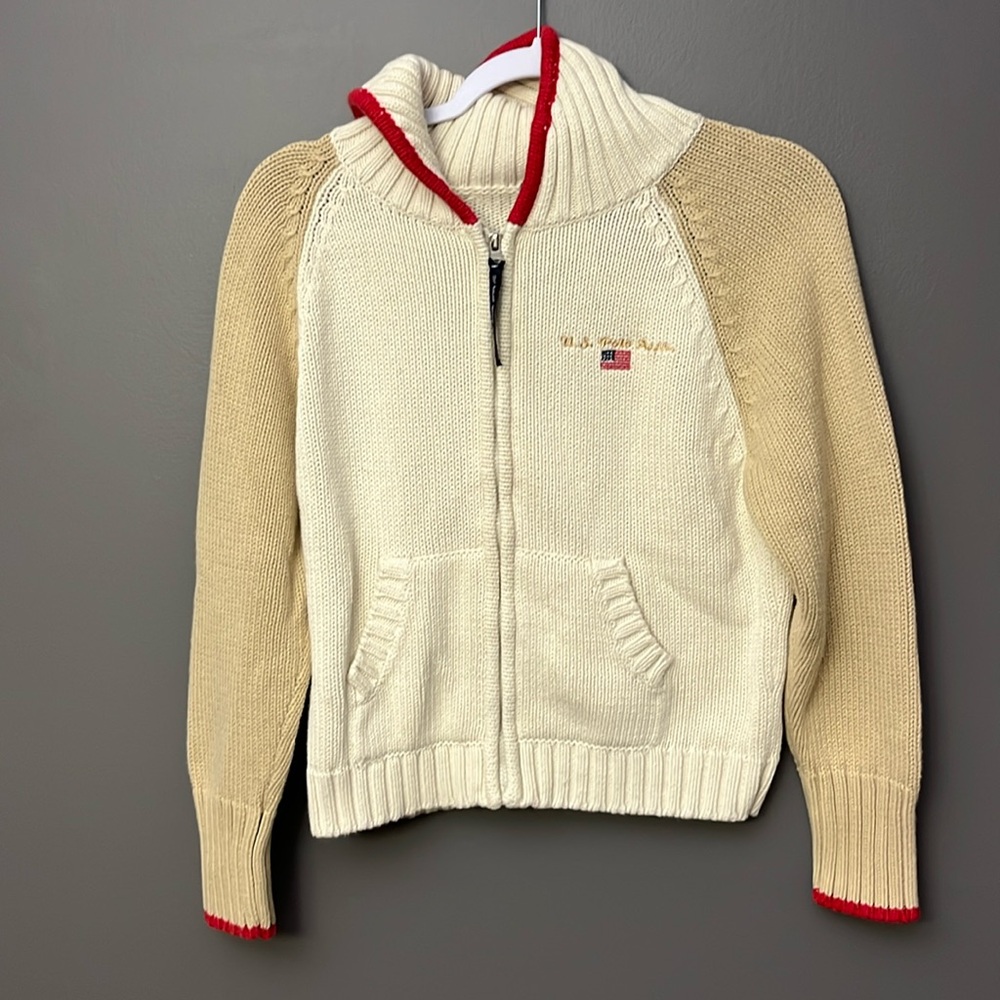 US POLO ASSN Girls Size L Tan/Cream Knit Full-Zip Cardigan Sweater